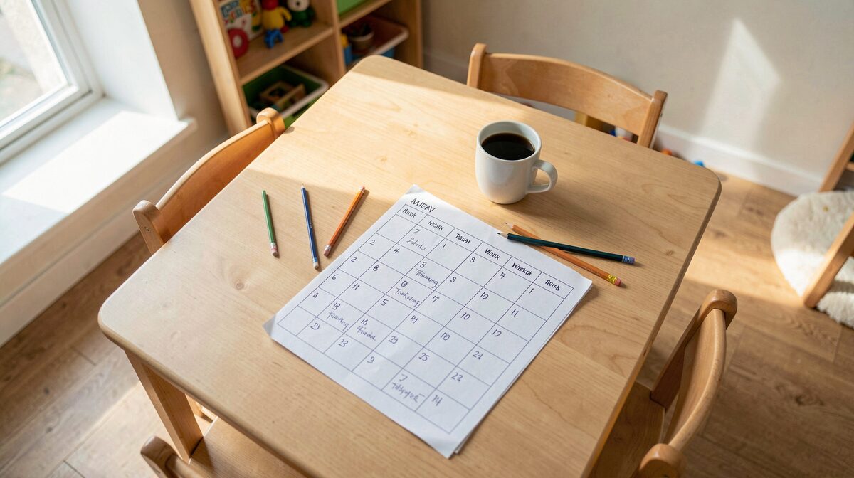 Een tafel in een lichte dagbestedingsruimte met daarop een papieren weekschema, een kop koffie en een paar potloden, daglicht valt van links naar binnen, overzichtelijk van bovenaf gefotografeerd.