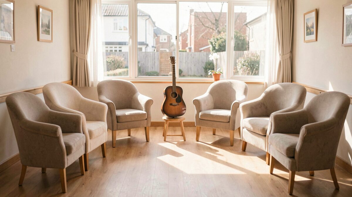 Een halfronde opstelling van zachte stoelen in een lichte huiskamer van een woonzorgcentrum, een akoestische gitaar op een kruk bij het raam, middaglicht dat schuin over de vloer valt, geen mensen in beeld.